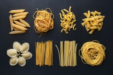 Flat lay with different types of traditional italian pasta