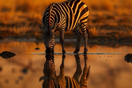 A plains zebra drinking water with its reflection in the savannah, detailed stripes, calm water surface, golden light, natural habitat, tranquil scene,