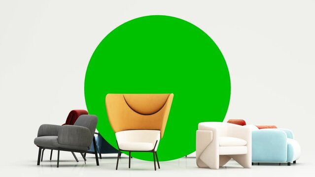 Sale of home decorations and furniture During promotions and discounts, it is surrounded by sofas, armchairs and advertising spaces banner green screen. colorful background. 3d render animation looped