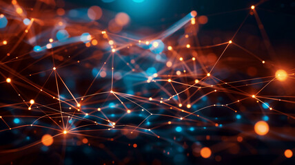 Obraz premium Abstract representation of the Internet with interconnected data lines, glowing nodes, high-tech digital web, detailed, bright and vibrant