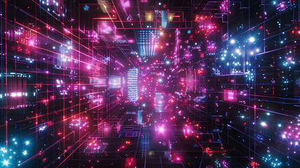 Obraz premium Array of interconnected devices arranged in a grid pattern, emitting vibrant, pulsating lights against a dark, futuristic background