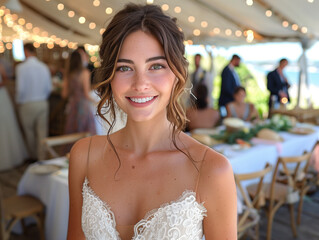 Naklejka premium A bride smiling at her wedding staring into the camera