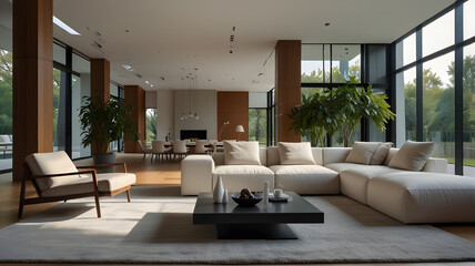Fototapeta premium A spacious, minimalist living room with clean lines and neutral tones. The room features a large, white sectional sofa, a glass coffee table, a light gray rug, and a few well-placed houseplants.