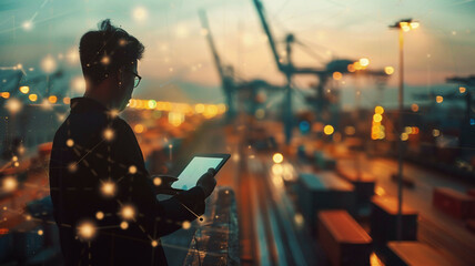 Businessman using tablet, logistic network distribution, smart transportation, intelligent logistics of truck, train, container cargo ship, import-export industry, detailed, high-tech