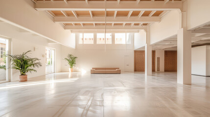 Empty storage room, a warehouse, in beige tones. Luxurious industrial Real Estate composition.