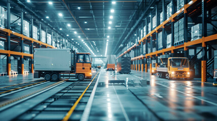 Obraz premium Connected logistics warehouse with automated systems, detailed, industrial lighting, busy atmosphere