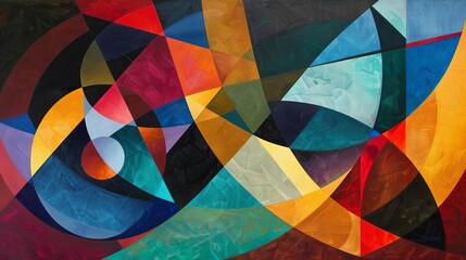 Fototapeta premium Abstract geometric composition featuring intersecting lines and shapes in vibrant colors, creating a sense of depth and movement.