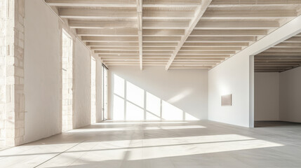 Empty storage room, a warehouse, in beige tones. Luxurious industrial Real Estate composition.