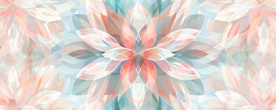 Geometric floral pattern inspired by nature's symmetry, featuring stylized petals and leaves in a harmonious arrangement, rendered in soft pastel colors.