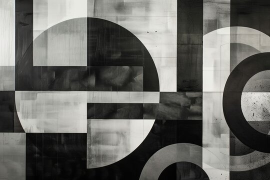 Minimalist abstract artwork featuring rhythmic repetition of circles and squares in monochromatic tones, creating a sense of harmony and balance.