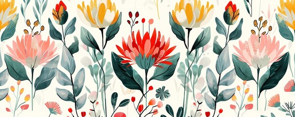 Geometrically arranged botanical elements create a modern and sophisticated floral pattern. Clean lines and bold colors give this illustration a contemporary edge while maintaining the essence of