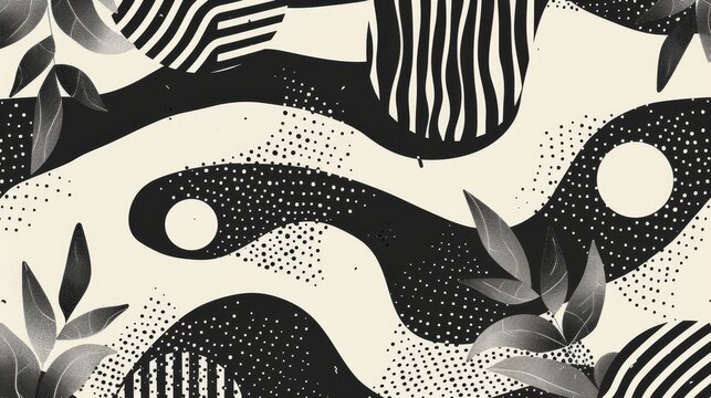 Clean and minimalist abstract illustration featuring organic shapes arranged in a geometric pattern. Bold contrasts of minimalist black and minimalist white highlight the simplicity and modernity of