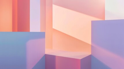 Fototapeta premium Abstract composition of geometric shapes arranged in a minimalist grid. Soft pastel tones of minimalist peach and minimalist lavender-blue create a serene and ethereal atmosphere, emphasizing the