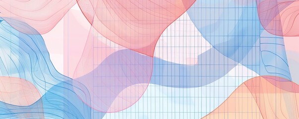 Minimalist line art depicting abstract shapes and patterns in a minimalist grid. Soft pastel hues of minimalist peach and minimalist lavender-blue contribute to a serene and ethereal atmosphere,