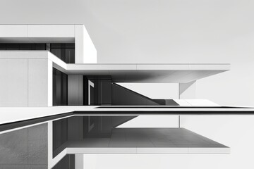 Minimalist abstract illustration of modern architecture featuring sleek geometric shapes and clean lines. Monochromatic tones of minimalist black and minimalist white emphasize the minimalist