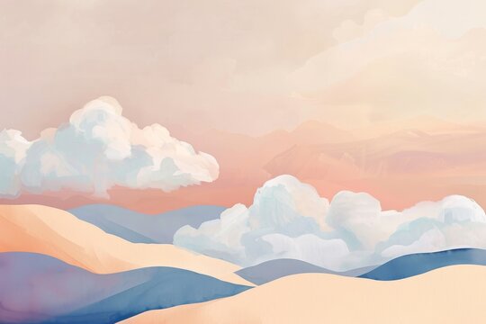 Abstract minimalist artwork depicting minimalist clouds drifting across a minimalist sky above minimalist rolling hills. Soft pastel tones of minimalist lavender and minimalist peach create a gentle