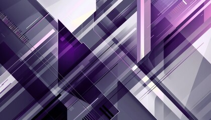 Geometric abstract patterns intersect and overlap in a minimalist illustration inspired by futuristic technology. Subtle hues of minimalist metallic gray and minimalist electric purple convey a sense