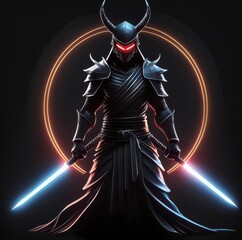 Fototapeta premium a logo, silhouete from a demon with katana, japan style, future art, tshirt design, black background