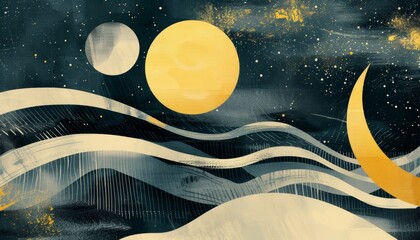 Geometric abstract patterns intersect and overlap in a minimalist illustration inspired by celestial phenomena. Subtle hues of minimalist stellar gold and minimalist lunar silver convey a sense of