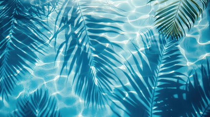 Tropical leaf shadow on water surface, palm leaf shadows on blue water, abstract summer vacation background,