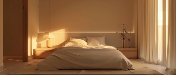 Serene beige bedroom, soft lighting, minimal decor,