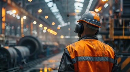 Worker wearing ear protection, industrial machinery, room for text on right, bright lighting