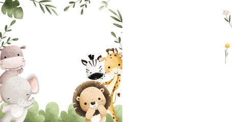 Watercolor Illustration Happy Safari Animals and Tropical Leaves Frame © Stella