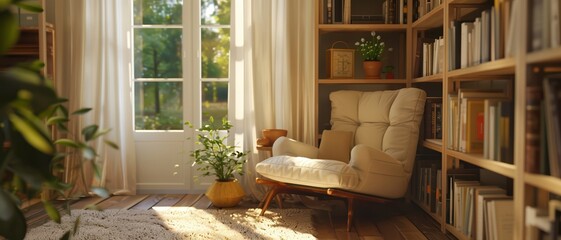 Cozy beige reading nook, comfortable chair, natural light,