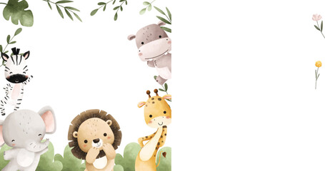 Watercolor Illustration Happy Safari Animals and Tropical Leaves Frame © Stella