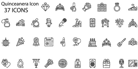Set of quinceanera icons. Gradient style icon bundle. Vector Illustration
