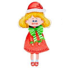 little girl with santa hat, Element cute girl, kawaii girl with adorable, drawn and watercolor, little girl with santa hat