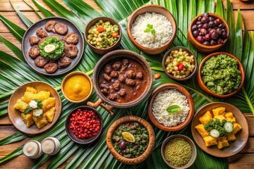 A table full of food with a variety of dishes including rice, beans