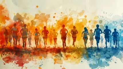United in Motion - Heartwarming Charity Run with Diverse Participants Against Watercolor Landscape