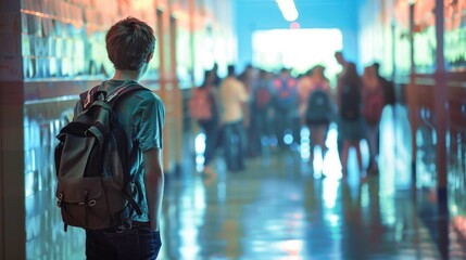 Lonely boy with backpack in school hallway. Students walk background. Solitude concept. Sad alone schoolboy stand college corridor and cry. School bullying. Classmates conflict. Stress.