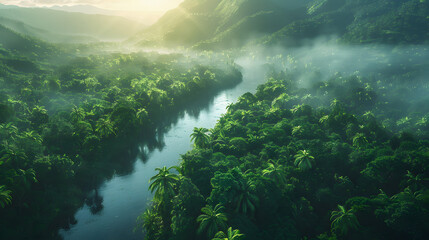 Green beautiful amazonian jungle landscape with trees and river, drone view