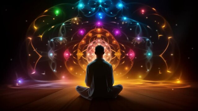 A Man Seated in a Lotus Position Looking at a Colorful Chakra Theme Pattern of Lights