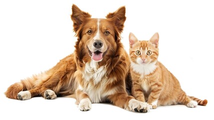 Golden Border Collie and Orange Tabby Kitten Sitting Together on Transparent Background. High Resolution Professional Photography of Adorable Pets with Paws on Ground. 