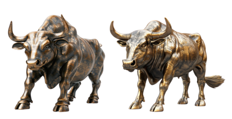 Bronze bull statues in various poses, symbolizing strength and power. Ideal for financial, investment, or decorative purposes.