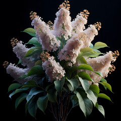 The 3D illustration depicts a flowering Syringa vulgaris, which is isolated on a black background.