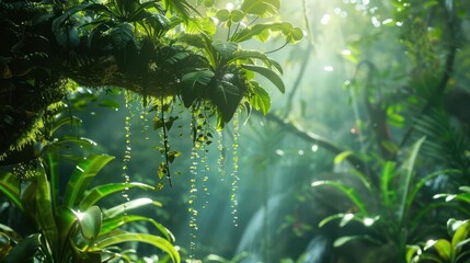 A dense jungle scene focusing on an epiphyte plant hanging from a tree branch