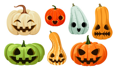 A set of funny pumpkins for Halloween in a cartoon style.