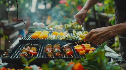 Close-up of hands grilling colorful vegetable skewers in a lush garden setting, featuring bell peppers, zucchini, and tomatoes, creating a fresh and healthy summer meal.