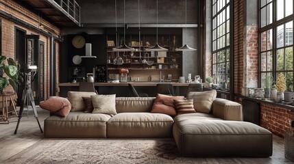 3D rendering of a modern loft style living room design. The fusion of grey and brown warm tones materials made of concrete, brick and wood. Luxurious residential spaces for discerning clients