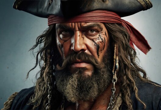 The infamous pirate Blackbeard emerges in vivid detail. His weathered face is etched with wrinkles and scars.