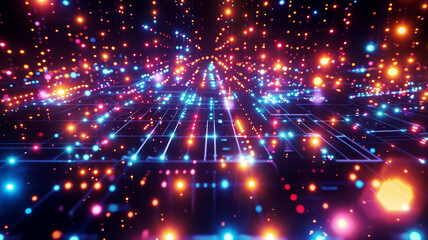 Fototapeta premium Array of interconnected devices arranged in a grid pattern, emitting vibrant, pulsating lights against a dark, futuristic background