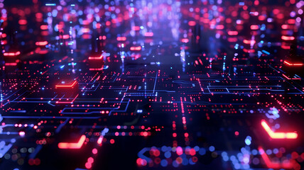 Array of interconnected devices arranged in a grid pattern, emitting vibrant, pulsating lights against a dark, futuristic background