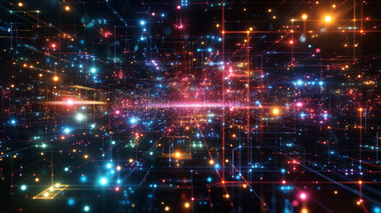 Array of interconnected devices arranged in a grid pattern, emitting vibrant, pulsating lights against a dark, futuristic background