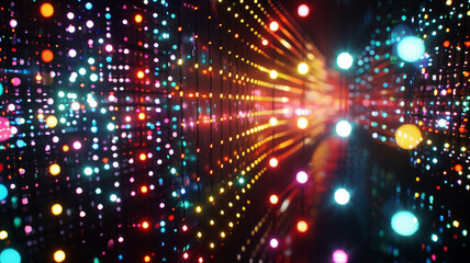 Fototapeta premium Array of interconnected devices arranged in a grid pattern, emitting vibrant, pulsating lights against a dark, futuristic background