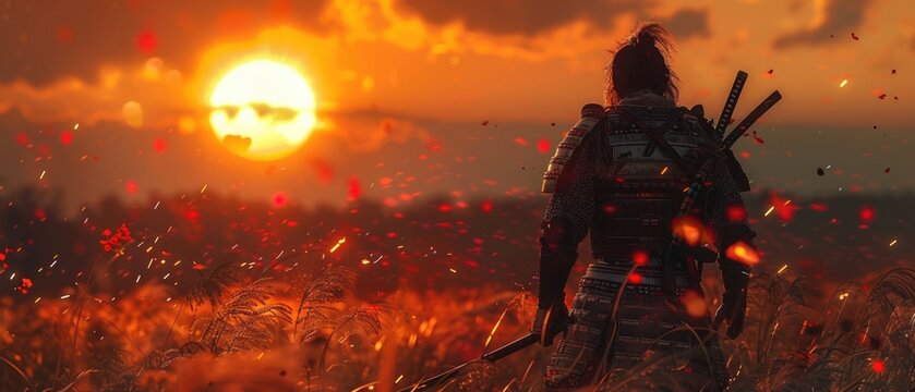A lone samurai stands amidst a fiery battlefield, the setting sun casting an ominous glow.