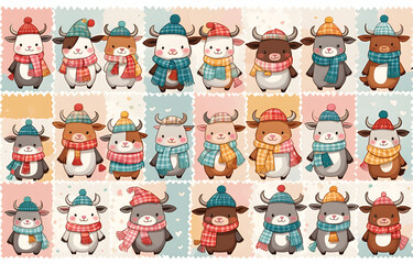 Cartoon cow wearing hats and necklaces,litele cow ,Duoge Comics. Multi grid emoticons, multiple animal avatars and expressions